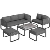 Set de lounge pentru grădină pentru 6-7 persoane, mobilier din ratan cu cadru din fier galvanizat și picioare reglabile, inclusiv perne de șezut și spătar, Gri