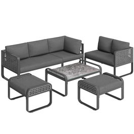 Set de lounge pentru grădină pentru 6-7 persoane, mobilier din ratan cu cadru din fier galvanizat și picioare reglabile, inclusiv perne de șezut și spătar, Gri