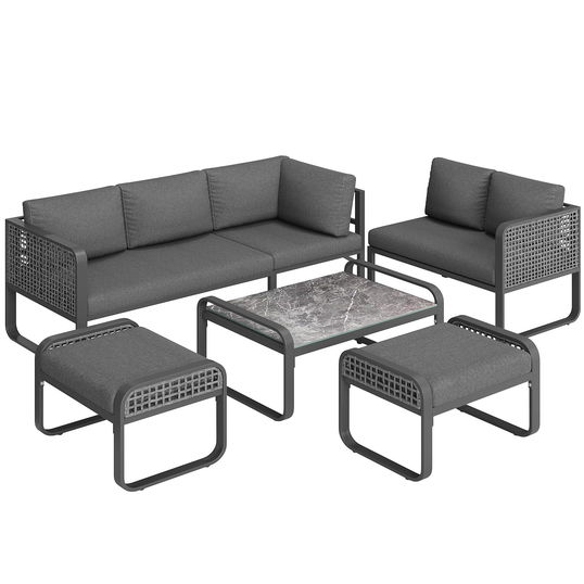 Set de lounge pentru grădină pentru 6-7 persoane, mobilier din ratan cu cadru din fier galvanizat și picioare reglabile, inclusiv perne de șezut și spătar, Gri