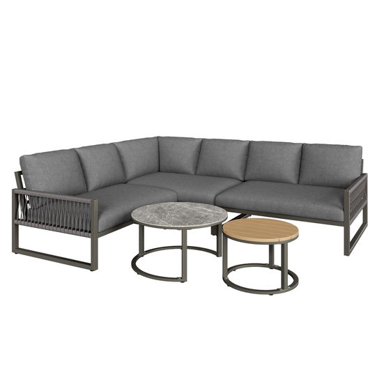 Set de lounge pentru grădină pentru 6-7 persoane, canapea de colț cu cadru din fier galvanizat, include perne de șezut și spate, Gri
