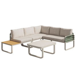 Set de mobilier de grădină Lounge 4-5 locuri, Set de mobilier de grădină din piele verde și ratan cu masă din sticlă securizată, Culoare caise