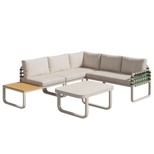 Set de mobilier de grădină Lounge 4-5 locuri, Set de mobilier de grădină din piele verde și ratan cu masă din sticlă securizată, Culoare caise