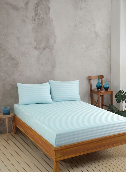 Set de pat dublu (cearceaf cu elastic si perne) 3 piese, Water Yollu Saten - Mint, EnLora Home, Bumbac;Poliester