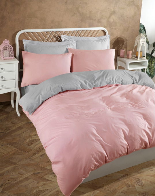 Lenjerie de pat dubla, Solid - Powder, Grey, Eponj Home, 65% bumbac/35% poliester