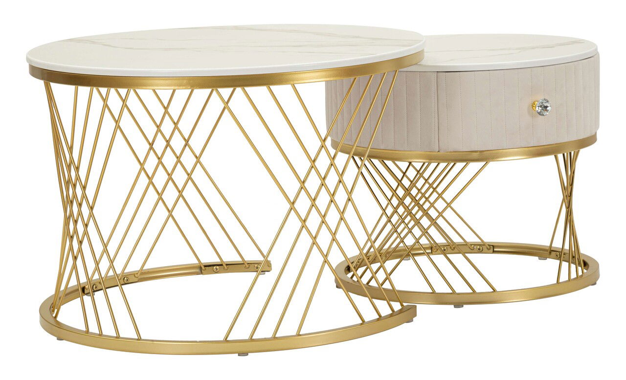 Set 2 masute de cafea Votix, Mauro Ferretti, 70x48 cm, 50x43.5 cm, lemn de pin/MDF/metal, crem/auriu