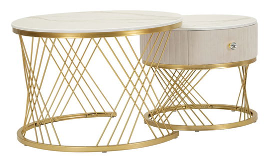 Set 2 masute de cafea Votix, Mauro Ferretti, 70x48 cm, 50x43.5 cm, lemn de pin/MDF/metal, crem/auriu