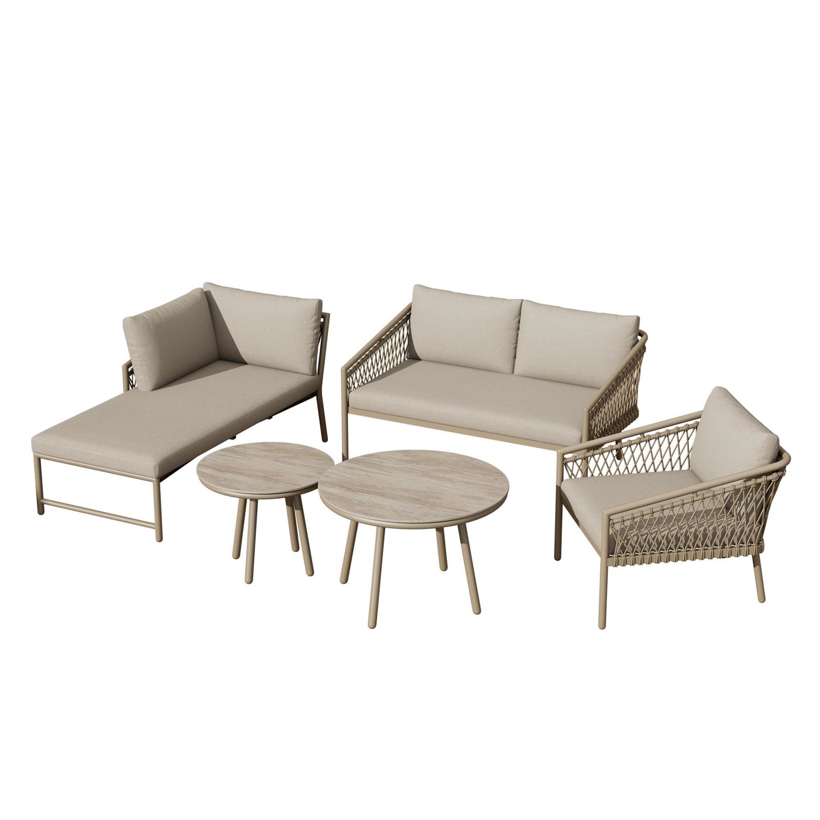 Set de lounge pentru grădină, Set de canapea modern pentru exterior cu frânghie țesută manual, Include perne de șezut și spate, Khaki