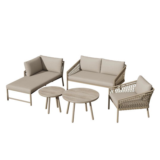 Set de lounge pentru grădină, Set de canapea modern pentru exterior cu frânghie țesută manual, Include perne de șezut și spate, Khaki
