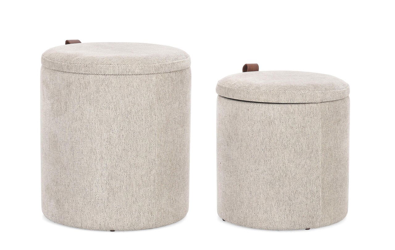 Set 2 taburete cu spatiu de depozitare Katia, Bizzotto, 34.5x36 cm/39x44 cm, MDF/poliester, gri deschis