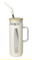 Cana cu maner si pai, Slim White, Brandani, 8x21.5 cm, sticla/silicon/bambus