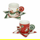 Set 2 cesti cu farfurie pentru cafea, Elfomagia White Red, Brandani, 12.5x12.5x6 cm, portelan New Bone China