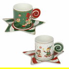 Set 2 cesti cu farfurie pentru cafea, Elfomagia White Green, Brandani, 12.5x12.5x6 cm, portelan New Bone China