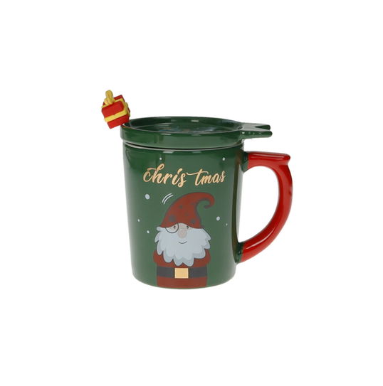 Cana cu capac si lingurita, Gift Green Gold, Brandani, 9x11 cm, portelan New Bone China