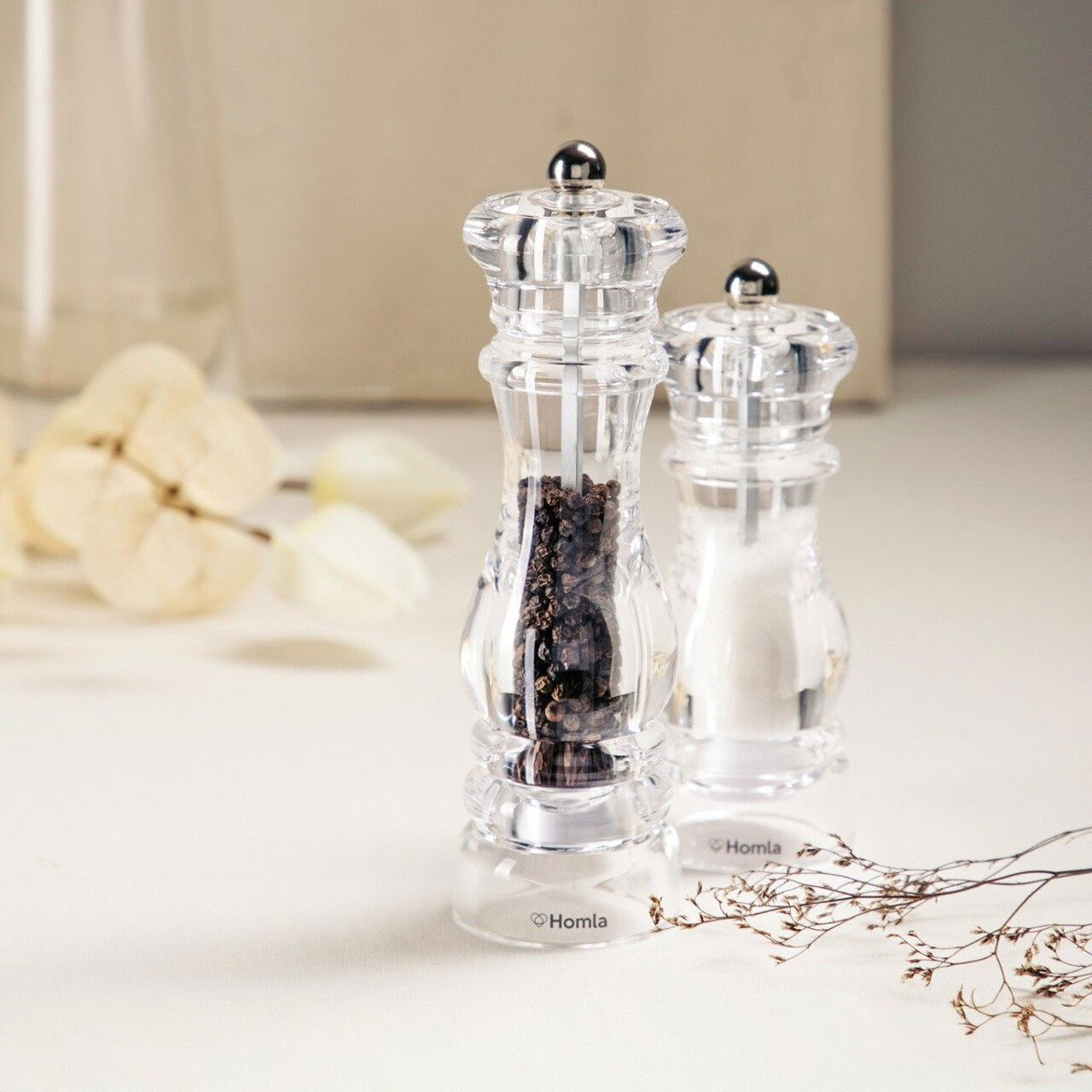 Set 2 rasnite pentru sare/piper Hallais, Homla, 6x16 cm / 6x20 cm, acril, transparent