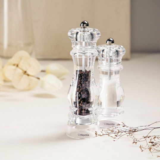 Set 2 rasnite pentru sare/piper Hallais, Homla, 6x16 cm / 6x20 cm, acril, transparent