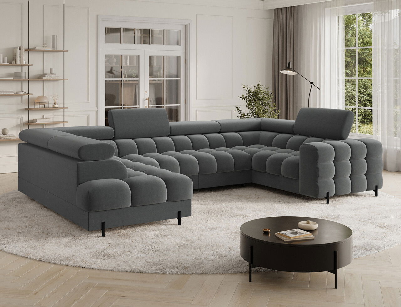Coltar extensibil stanga 3 locuri ELTAP, LT-06SO, Fectory, 346x205x93 cm, lemn/poliester, gri inchis
