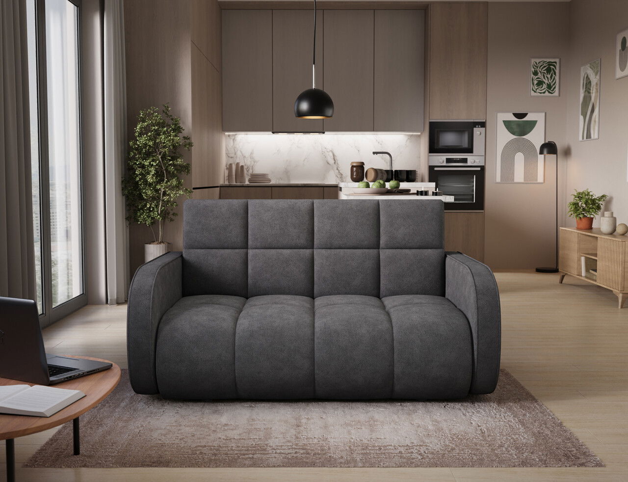 Canapea extensibila 3 locuri ELTAP, Deverio, 154x103x83 cm, lemn/poliester, gri inchis