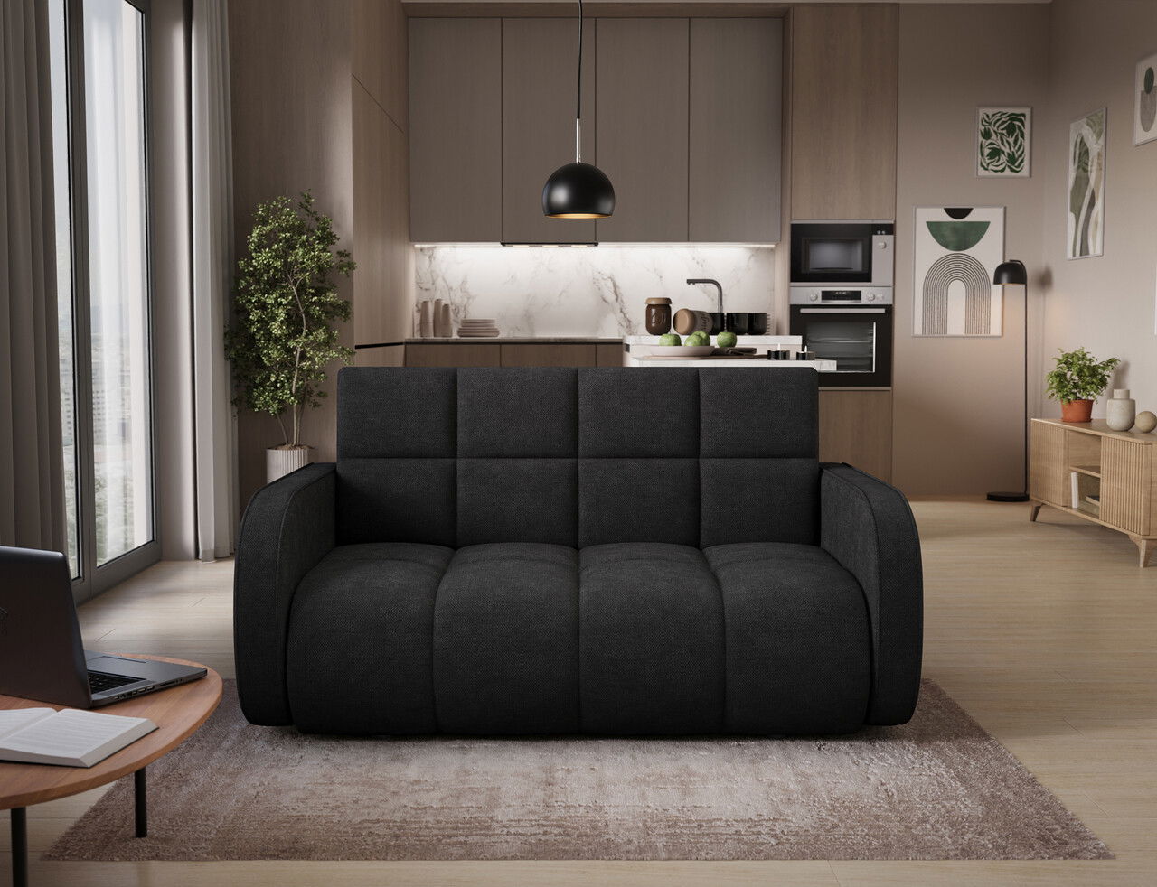 Canapea extensibila 3 locuri ELTAP, Deverio, 154x103x83 cm, lemn/poliester, negru