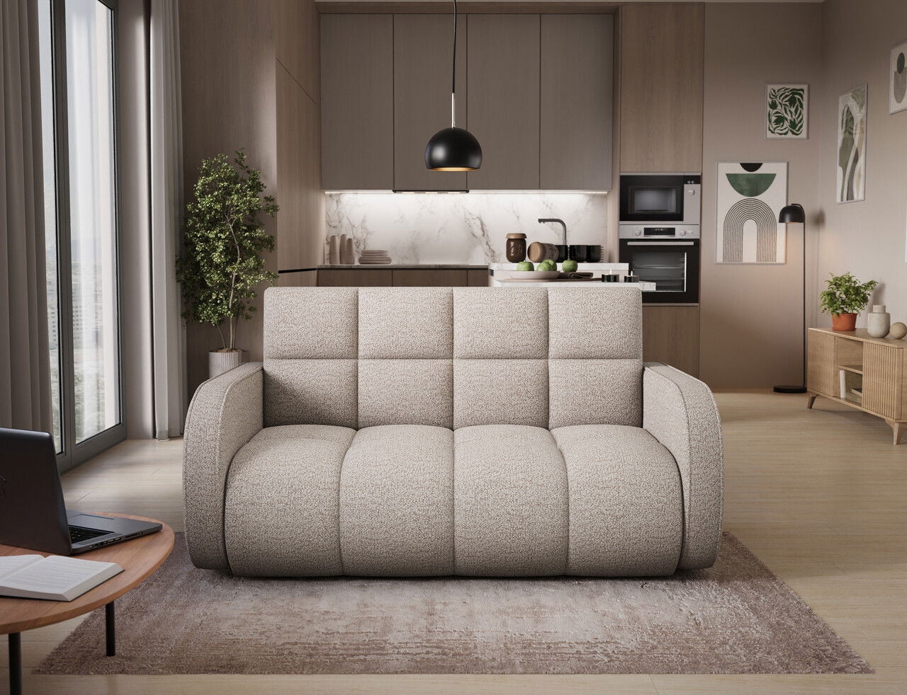 Canapea extensibila 3 locuri ELTAP, Deverio, 154x103x83 cm, lemn/poliester, bej deschis