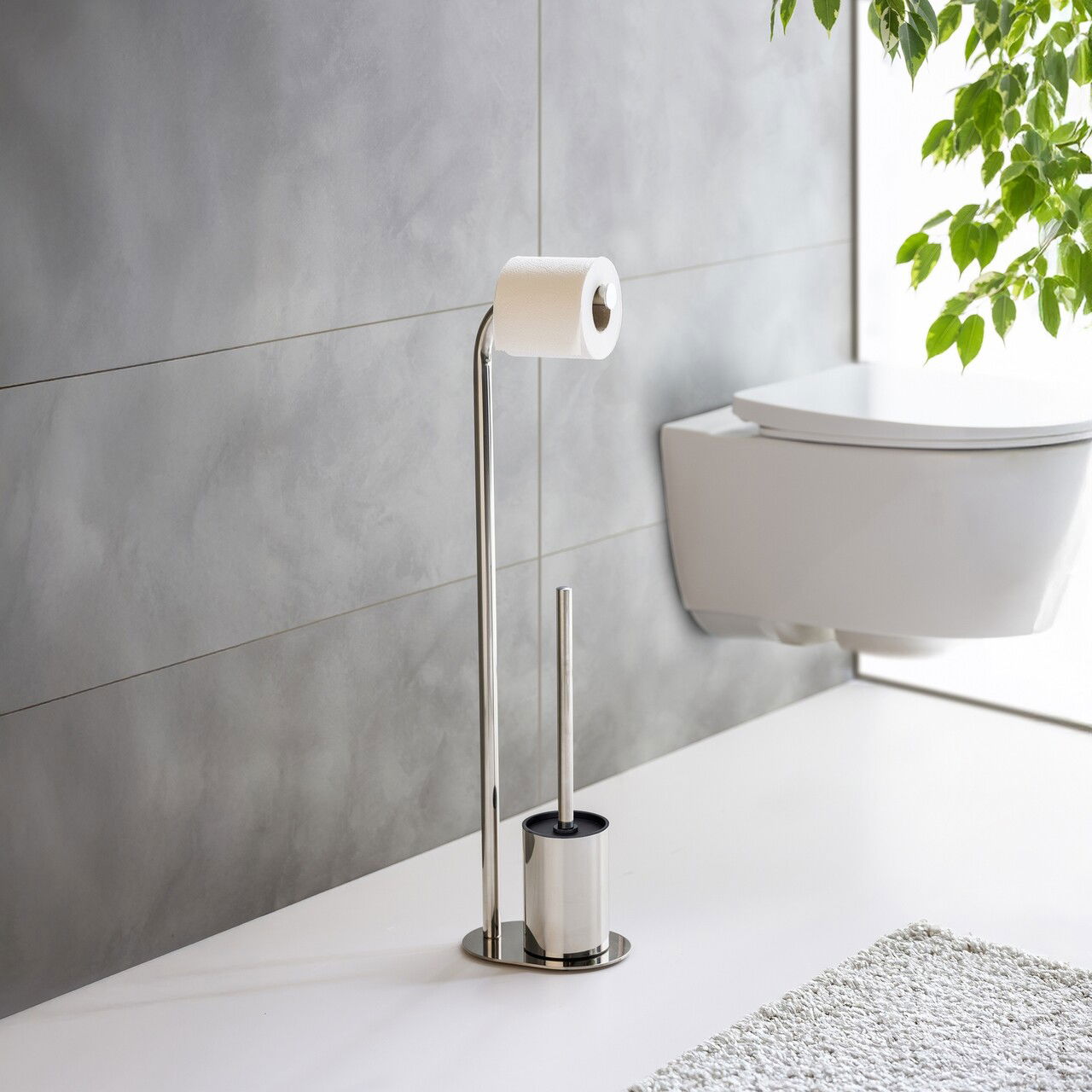 Suport pentru hartie igienica si perie toaleta Levante, Wenko, 23x17x63 cm, inox, argintiu lucios