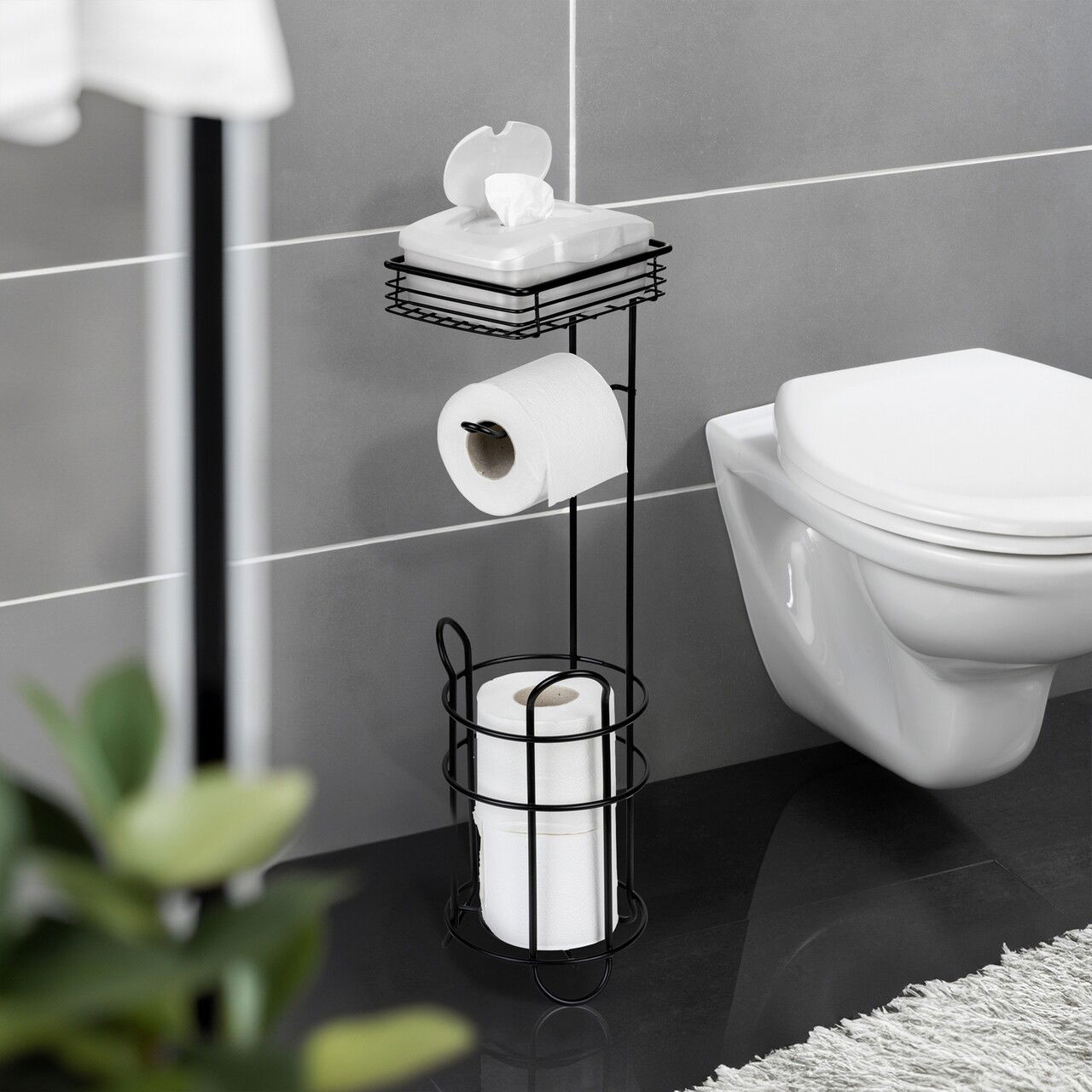 Suport pentru hartie igienica si perie toaleta Roll, Wenko, 16x18x59 cm, otel, negru