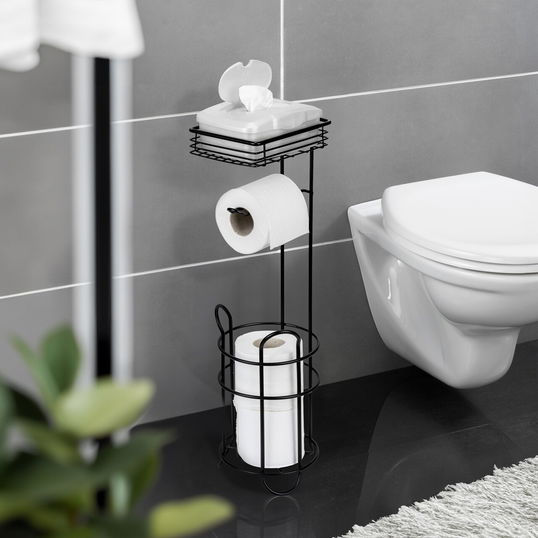 Suport pentru hartie igienica si perie toaleta Roll, Wenko, 16x18x59 cm, otel, negru