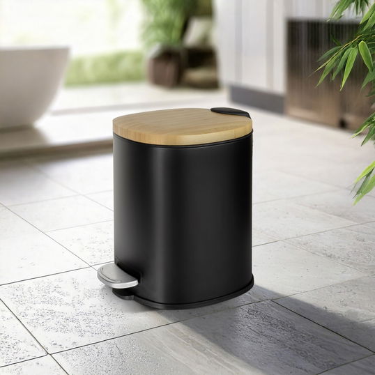 Cos de gunoi cu pedala Fianema, Wenko, 17x21x23.5 cm, otel/bambus/polipropilena, negru/natur