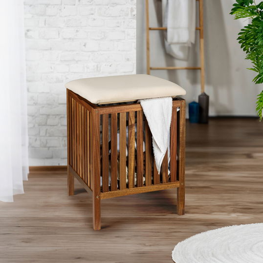 Taburet pentru baie Fondi, Wenko, 39x39x52 cm, lemn acacia/bumbac, maro/bej