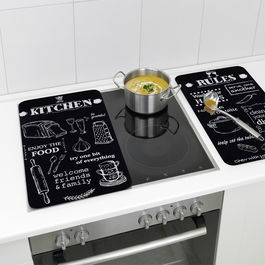 Set 2 protectii universale pentru aragaz Kitchen Rules, Wenko, 30x52x1.8-5 cm, sticla temperata, negru/alb