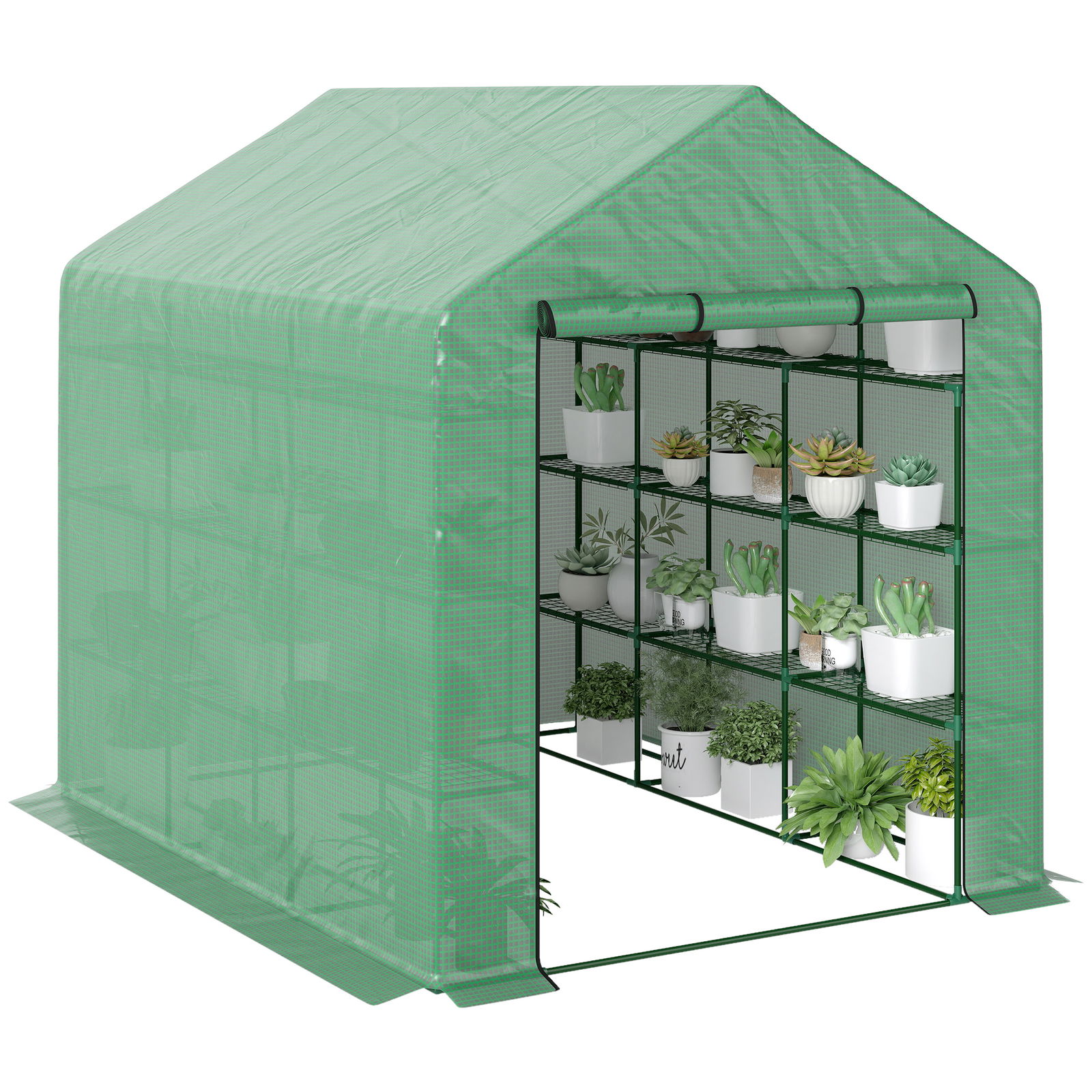 Outsunny Solar de grădină cu rafturi, husă PE rezistentă UV, ușă rulantă cu fermoar, cadru oțel, 190x120x190 cm, verde | Aosom Romania