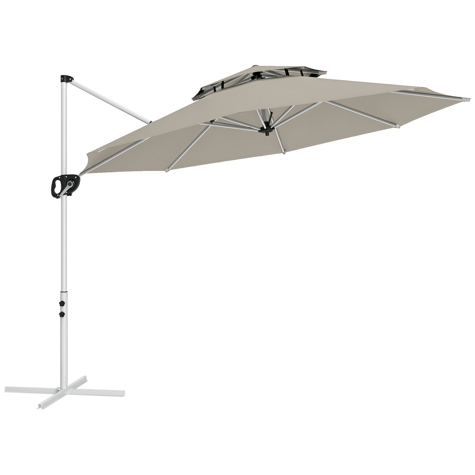 Outsunny Umbrelă suspendată 3 x 2,5 m cu manivelă, bază în formă de cruce, inclinabilă și rotativă la 360°, dublu acoperiș, gri | Aosom Romania