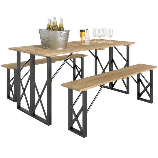 Outsunny set masă și bănci din lemn pentru 6-8 persoane, 160 cm, cu orificiu pentru umbrelă de 5 cm, design durabil, maro | Aosom Romania