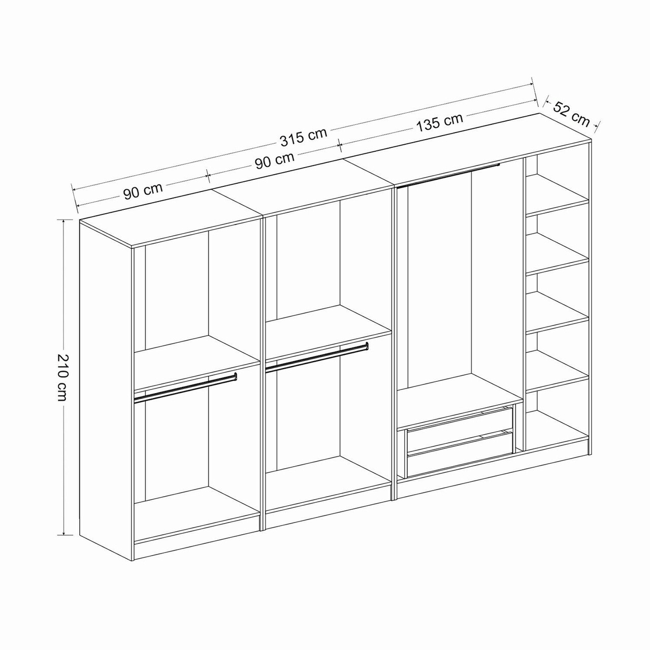 Dulap pentru haine, Minerva, Kale Plus, 315x210x52 cm, PAL, Fume / Stejar