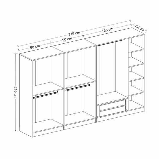Dulap pentru haine, Minerva, Kale Plus, 315x210x52 cm, PAL, Fume / Stejar