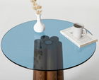 Masuta de cafea, Neostill, Thales Walnut, Albastru, 50x50x50 cm, Sticla temperata, Nuc / Albastru