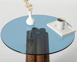 Masuta de cafea, Neostill, Thales Walnut, Albastru, 50x50x50 cm, Sticla temperata, Nuc / Albastru
