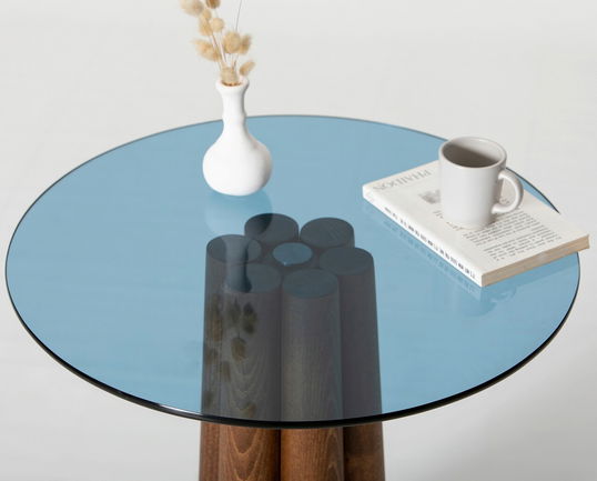 Masuta de cafea, Neostill, Thales Walnut, Albastru, 50x50x50 cm, Sticla temperata, Nuc / Albastru