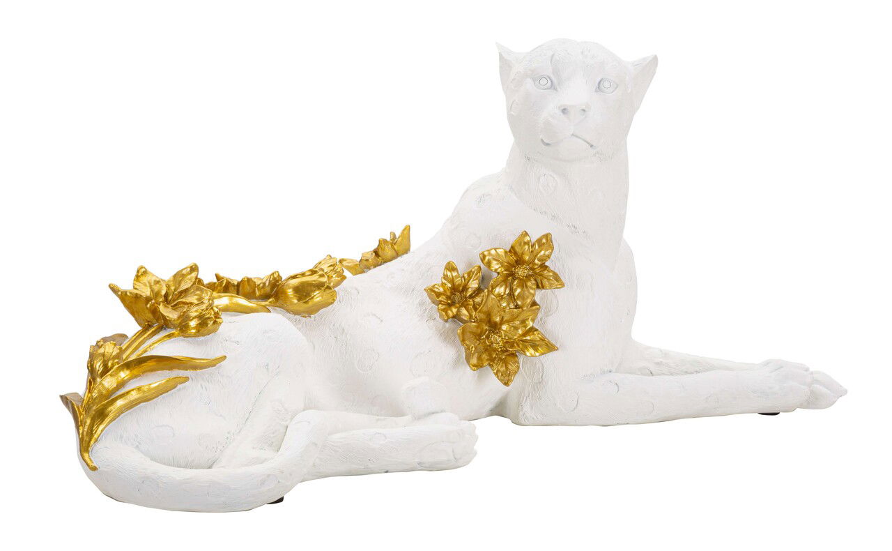 Figurina /sculptura decorativa Leopard, Mauro Ferretti, 53x21.5x24 cm, polirasina, alb/auriu