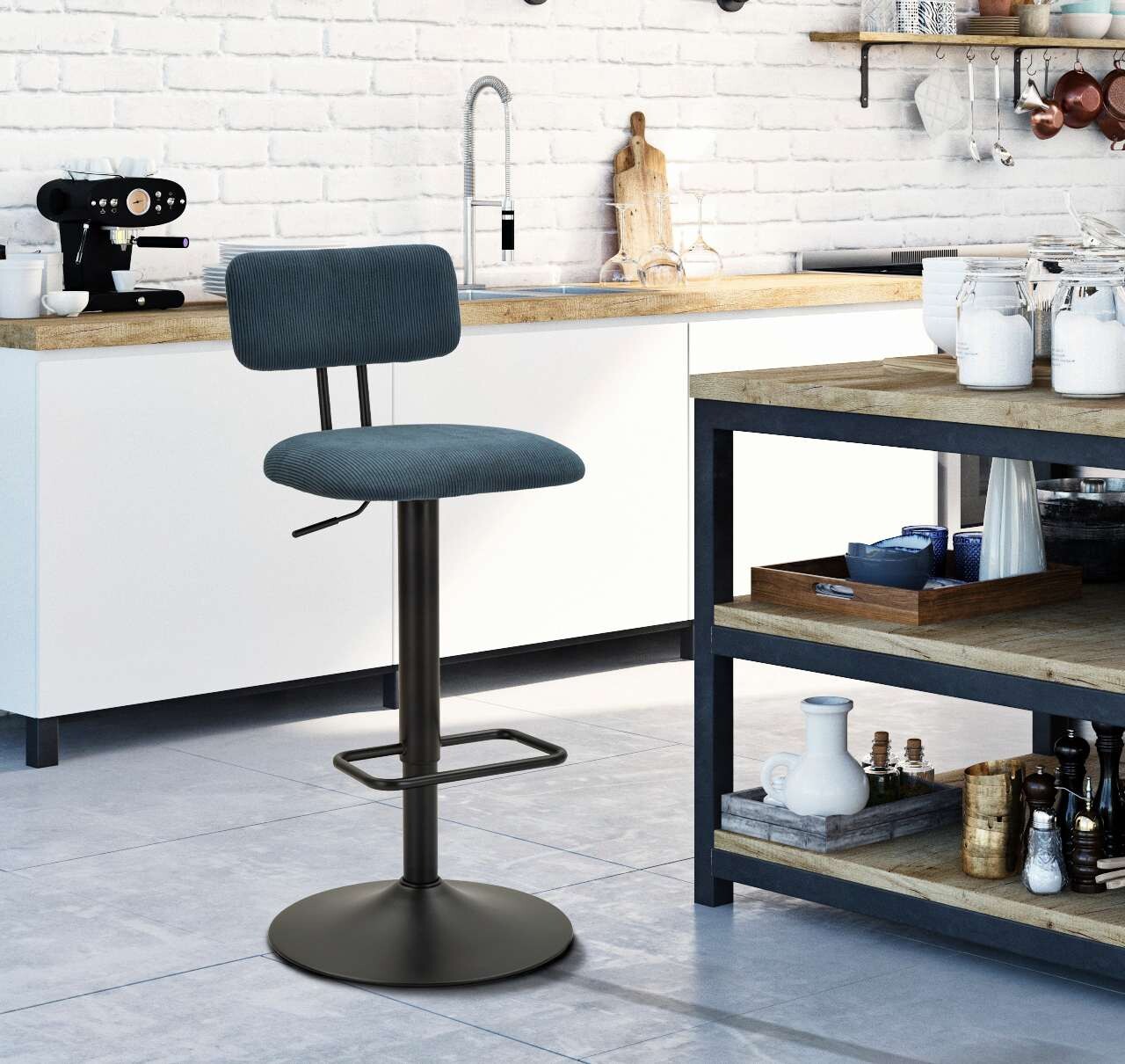 Set 2 scaune de bar Lift High Navy, Mauro Ferretti, 41x47.5x85 cm, inaltime ajustabila, fier/poliester, negru/albastru