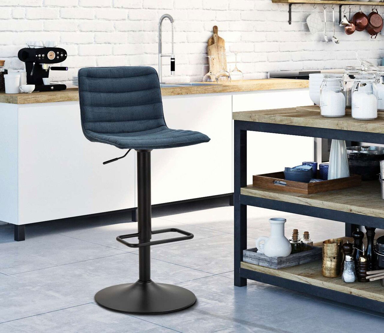 Set 2 scaune de bar Lift High Navy, Mauro Ferretti, 43x49.5x85.5 cm, inaltime ajustabila, fier/poliester, negru/albastru