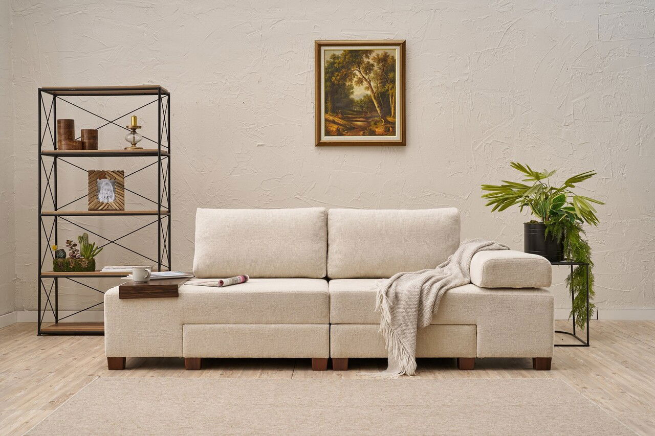 Canapea extensibila cu 3 locuri, Balcab Home, 825BLC4309, Lemn, Crem