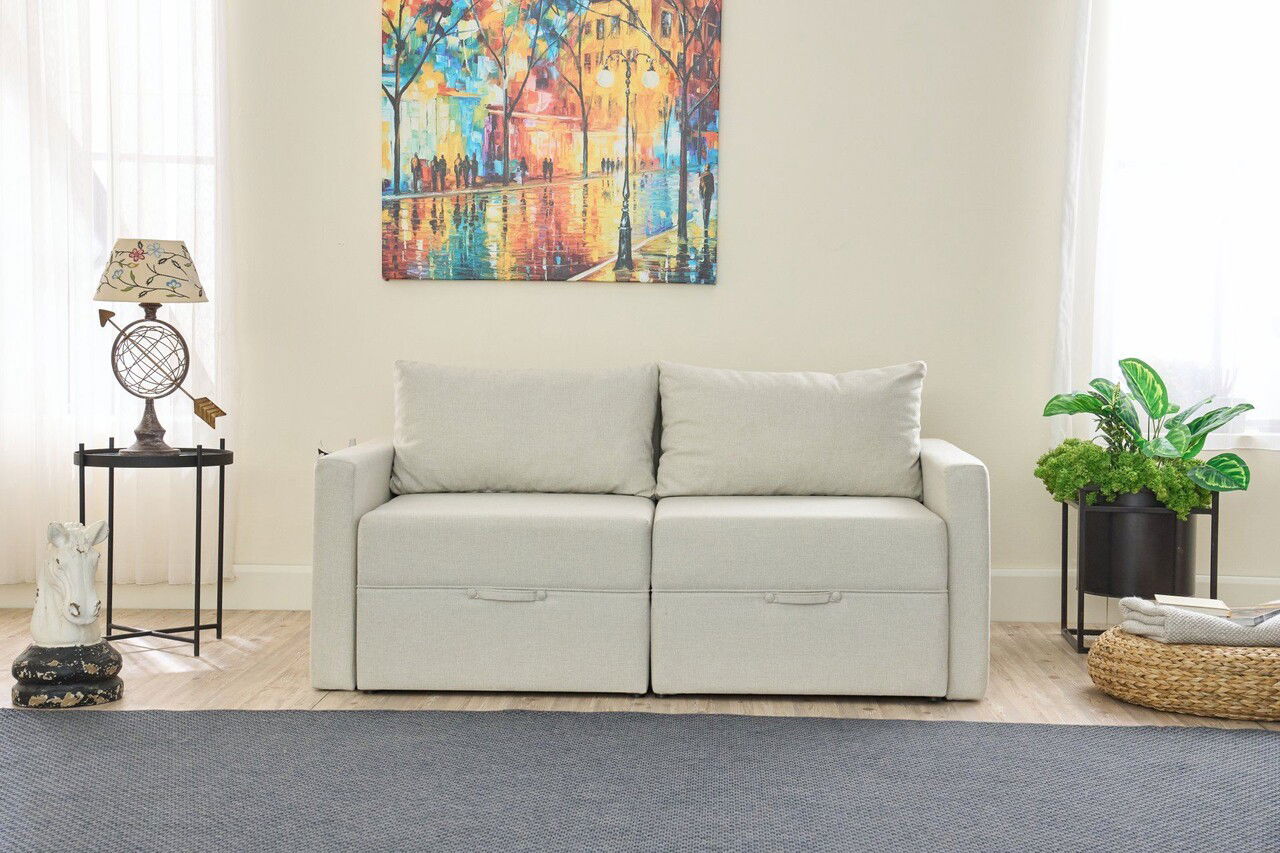 Canapea extensibilă cu 2 locuri, Balcab Home, 825BLC5413, Cadru: 100% LEMN DE BRAD, Crem