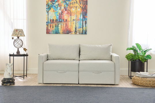 Canapea extensibilă cu 2 locuri, Balcab Home, 825BLC5413, Cadru: 100% LEMN DE BRAD, Crem