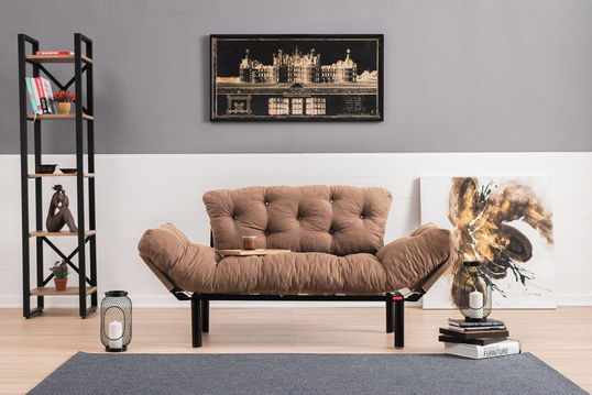 Canapea extensibilă cu 2 locuri, Futon, 859FTN2866, Metal, Maro deschis