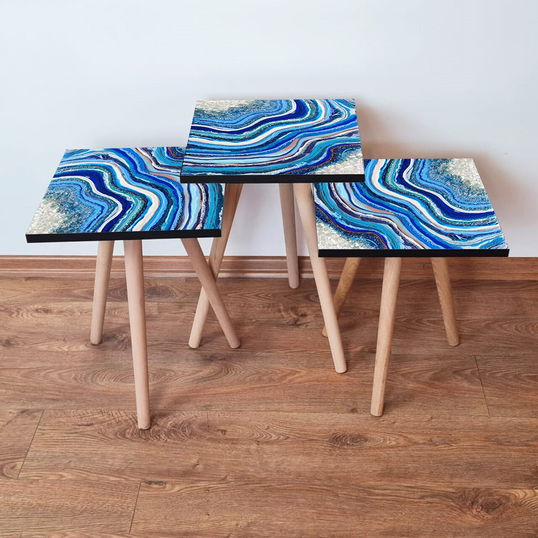 Set masute 3 piese, Leona, 3Shp290, Bleumarin / Albastru / Alb / Mov