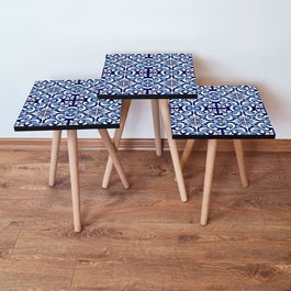 Set masute 3 piese, Leona, 3Shp31, Bleumarin / Alb / Albastru