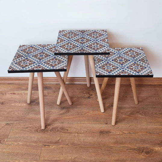 Set masute 3 piese, Leona, 3Shp32, Albastru marin / Albastru / Roșu bordeaux
