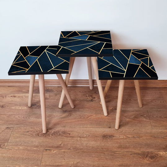 Set masute 3 piese, Leona, 3Shp321, Bleumarin / Negru / Auriu