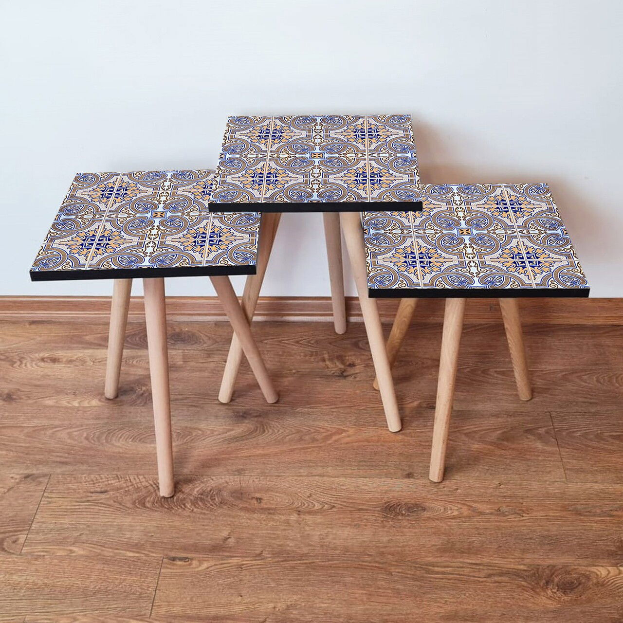 Set masute 3 piese, Leona, 3Shp34, Bleumarin / Albastru / Bej