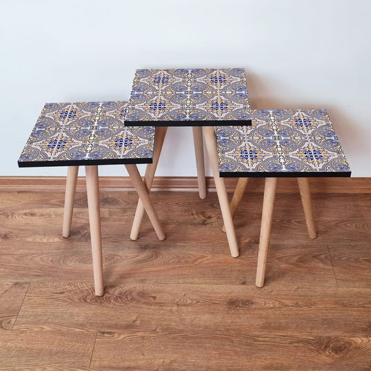 Set masute 3 piese, Leona, 3Shp34, Bleumarin / Albastru / Bej